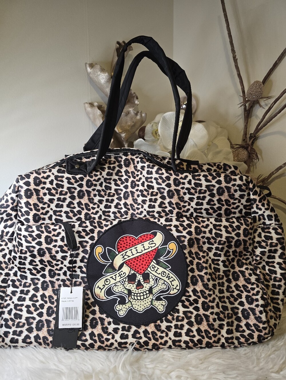 Ed Hardy NWT Hearts&Skulls Love Kills Slowly Leopard Print Duffle Bag Carry-on